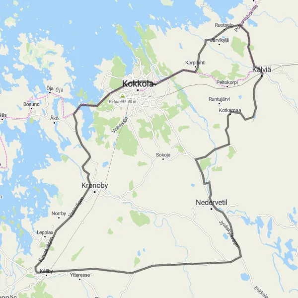 Map miniature of "Nedervetil, Bråtö, Ykspihlaja, and Patamäki Road Challenge" cycling inspiration in Pohjois- ja Itä-Suomi, Finland. Generated by Tarmacs.app cycling route planner