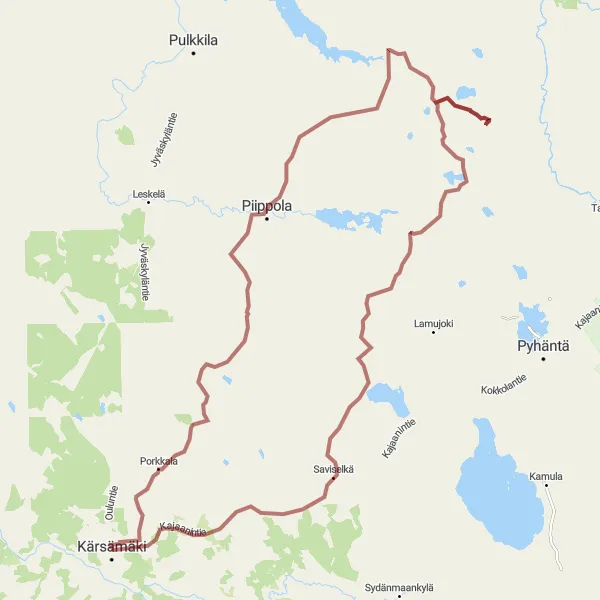 Map miniature of "Kärsämäki to Saviselkä Gravel Loop" cycling inspiration in Pohjois- ja Itä-Suomi, Finland. Generated by Tarmacs.app cycling route planner