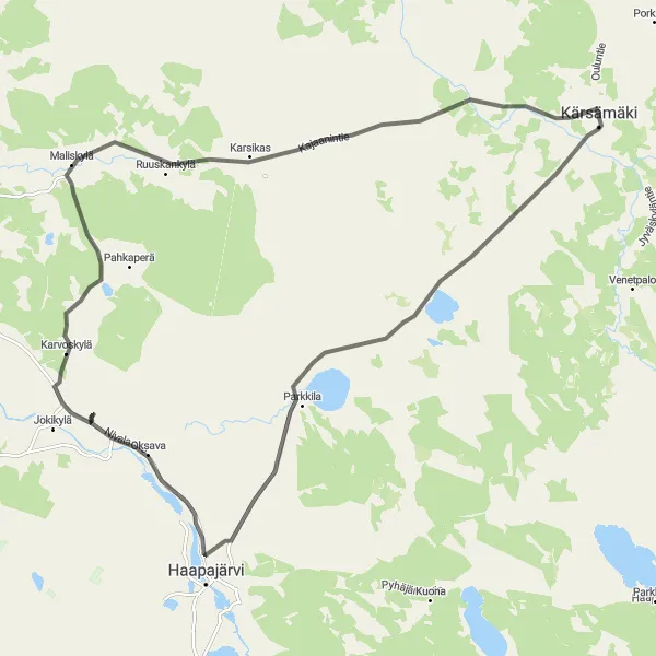 Map miniature of "Haapajärvi and Karvoskylä Nature Experience" cycling inspiration in Pohjois- ja Itä-Suomi, Finland. Generated by Tarmacs.app cycling route planner