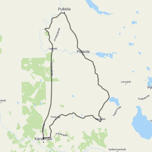 Karttaminiaatyyri "Kärsämäki - Leskelä - Pulkkila - Piippola - Saviselkä" pyöräilyinspiraatiosta alueella Pohjois- ja Itä-Suomi, Finland. Luotu Tarmacs.app pyöräilyreittisuunnittelijalla