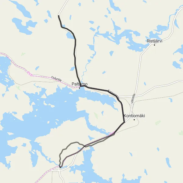 Map miniature of "Kajaani Classic Road Trip" cycling inspiration in Pohjois- ja Itä-Suomi, Finland. Generated by Tarmacs.app cycling route planner