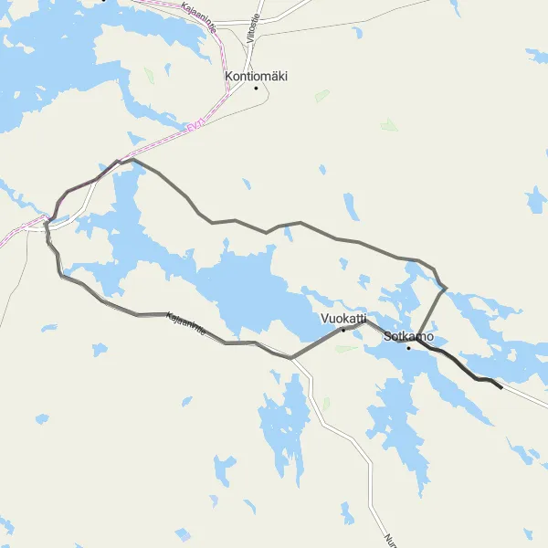 Karttaminiaatyyri "Kajaani - Sotkamo - Kajaani Road Route" pyöräilyinspiraatiosta alueella Pohjois- ja Itä-Suomi, Finland. Luotu Tarmacs.app pyöräilyreittisuunnittelijalla