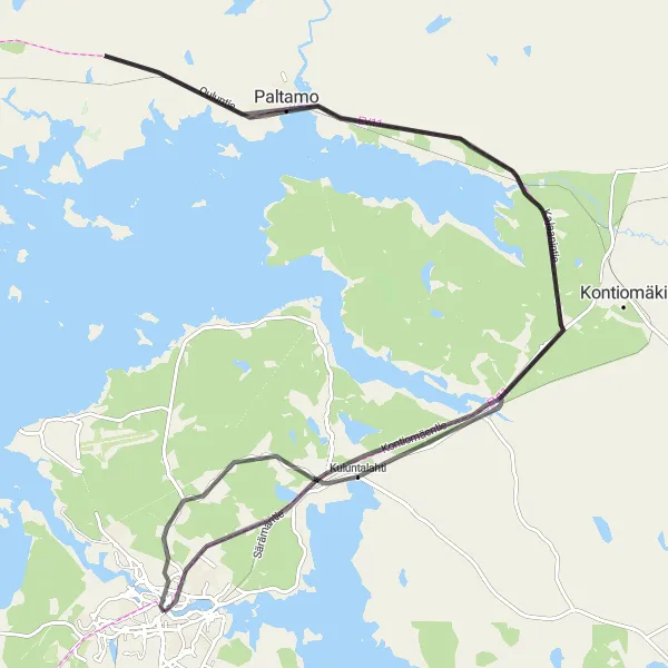 Map miniature of "Kajaani Road Challenge" cycling inspiration in Pohjois- ja Itä-Suomi, Finland. Generated by Tarmacs.app cycling route planner