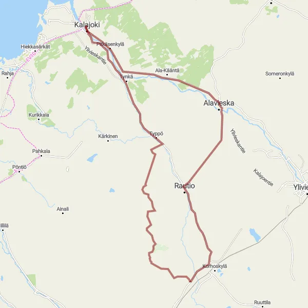 Map miniature of "Kalajoki to Etelänkylä Gravel Route" cycling inspiration in Pohjois- ja Itä-Suomi, Finland. Generated by Tarmacs.app cycling route planner