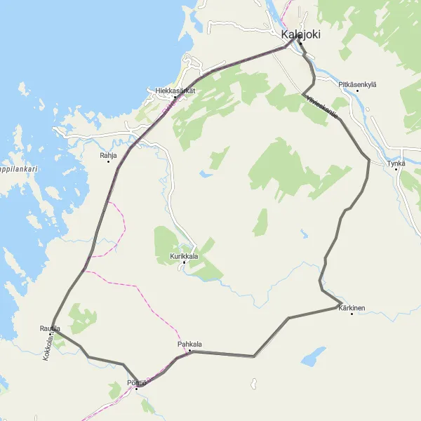 Map miniature of "Kalajoki and Rautila Loop" cycling inspiration in Pohjois- ja Itä-Suomi, Finland. Generated by Tarmacs.app cycling route planner