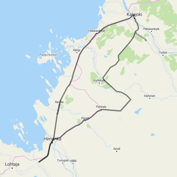 Map miniature of "Kalajoki, Himanka, Rautila, and Hiekkasärkät Loop" cycling inspiration in Pohjois- ja Itä-Suomi, Finland. Generated by Tarmacs.app cycling route planner