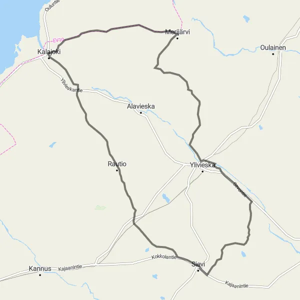 Map miniature of "Merijärvi, Ylivieskan Vanhan Kirkon Rauniot, Sievi, Vanhakirkko, and Pitkäsenkylä Route" cycling inspiration in Pohjois- ja Itä-Suomi, Finland. Generated by Tarmacs.app cycling route planner