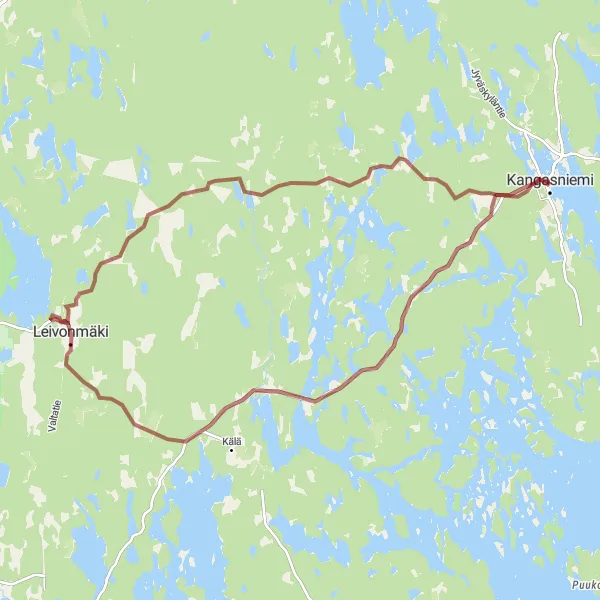 Map miniature of "Kangasniemi Gravel Adventure" cycling inspiration in Pohjois- ja Itä-Suomi, Finland. Generated by Tarmacs.app cycling route planner