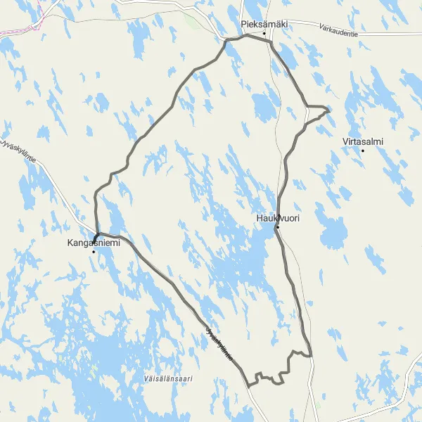 Karttaminiaatyyri "Kangasniemi - Hurissalo - Haukivuori" pyöräilyinspiraatiosta alueella Pohjois- ja Itä-Suomi, Finland. Luotu Tarmacs.app pyöräilyreittisuunnittelijalla