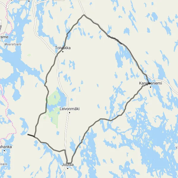 Map miniature of "Kangasniemi to Toivakka Road Challenge" cycling inspiration in Pohjois- ja Itä-Suomi, Finland. Generated by Tarmacs.app cycling route planner