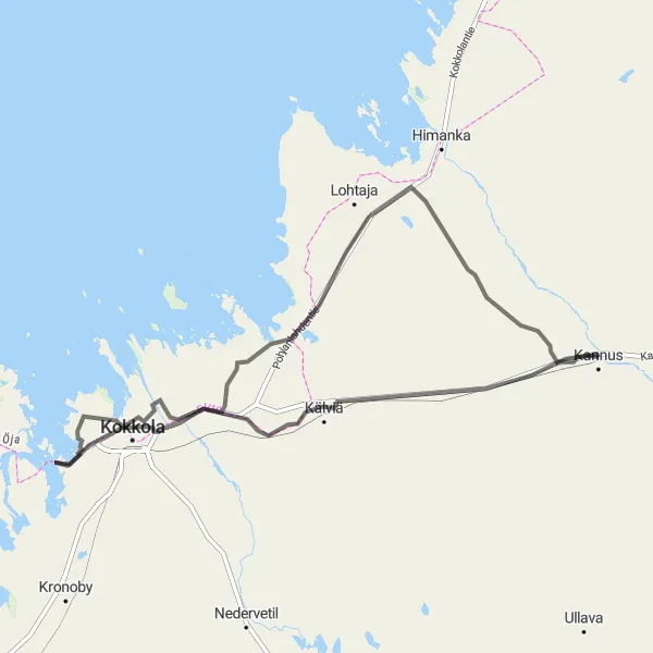 Map miniature of "Kannus to Roikola loop" cycling inspiration in Pohjois- ja Itä-Suomi, Finland. Generated by Tarmacs.app cycling route planner