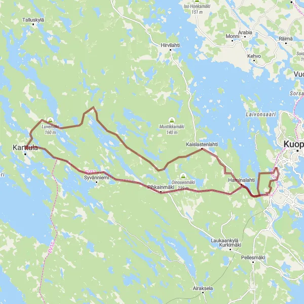 Karttaminiaatyyri "Karttula - Kolmisoppi Gravel Cycling Adventure" pyöräilyinspiraatiosta alueella Pohjois- ja Itä-Suomi, Finland. Luotu Tarmacs.app pyöräilyreittisuunnittelijalla