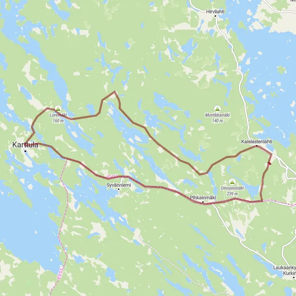 Karttaminiaatyyri "Kiehtova Gravel-reitti Karttulasta" pyöräilyinspiraatiosta alueella Pohjois- ja Itä-Suomi, Finland. Luotu Tarmacs.app pyöräilyreittisuunnittelijalla