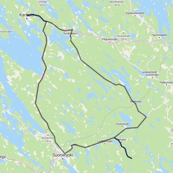 Karttaminiaatyyri "Suonenjoki ja Syvänniemi Road Tour" pyöräilyinspiraatiosta alueella Pohjois- ja Itä-Suomi, Finland. Luotu Tarmacs.app pyöräilyreittisuunnittelijalla