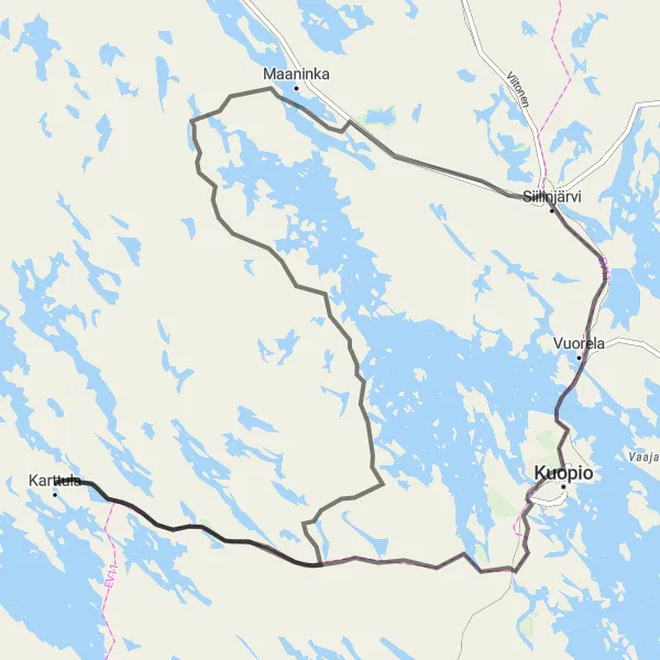 Map miniature of "Siilinjärvi Scenic Loop" cycling inspiration in Pohjois- ja Itä-Suomi, Finland. Generated by Tarmacs.app cycling route planner