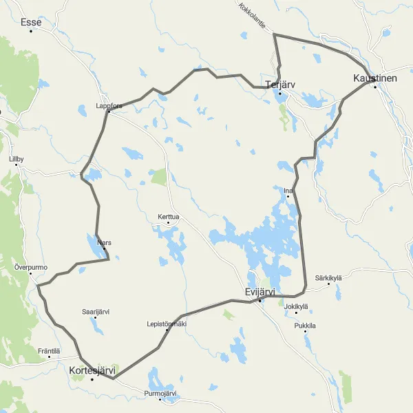 Karttaminiaatyyri "Högnabba ja Kortesjärvi Road Cycling Adventure" pyöräilyinspiraatiosta alueella Pohjois- ja Itä-Suomi, Finland. Luotu Tarmacs.app pyöräilyreittisuunnittelijalla