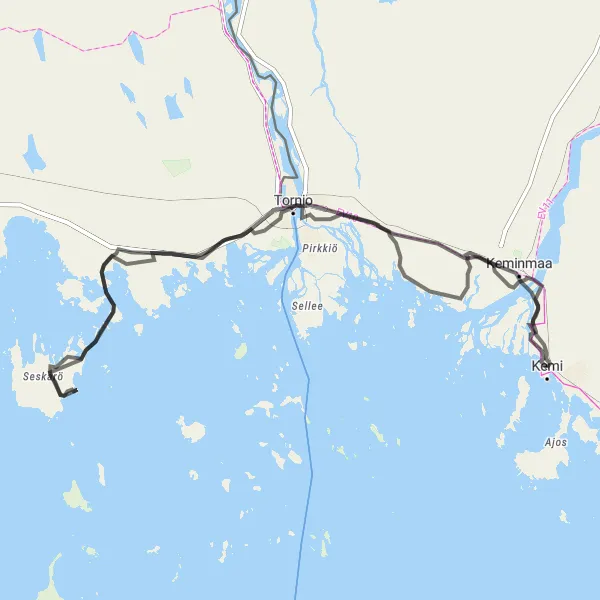 Karttaminiaatyyri "Paattio - Tornio - Hurissalo - Seskarö - Haparanda - Kaakamo - Karihaara" pyöräilyinspiraatiosta alueella Pohjois- ja Itä-Suomi, Finland. Luotu Tarmacs.app pyöräilyreittisuunnittelijalla