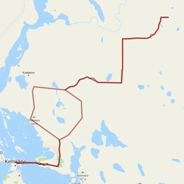 Map miniature of "Gravel Route Exploring Kallaanvaara, Perävaara, and Sipovaara" cycling inspiration in Pohjois- ja Itä-Suomi, Finland. Generated by Tarmacs.app cycling route planner