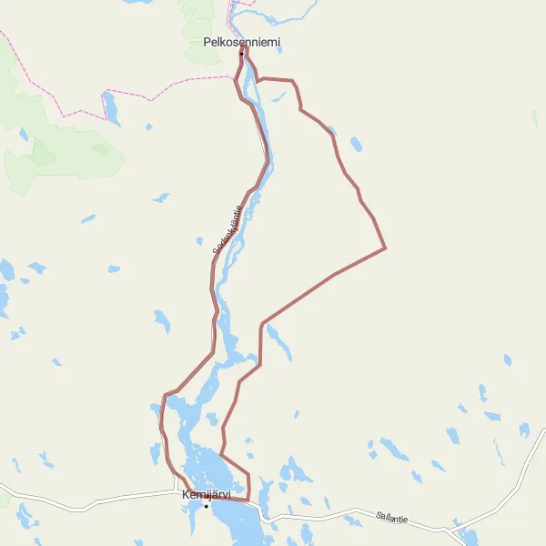 Karttaminiaatyyri "Kiemunkivaara - Pelkosenniemi - Kallaanvaara" pyöräilyinspiraatiosta alueella Pohjois- ja Itä-Suomi, Finland. Luotu Tarmacs.app pyöräilyreittisuunnittelijalla