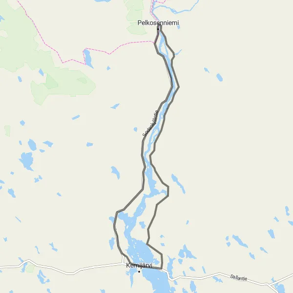 Map miniature of "Road Cycling Adventure to Kiemunkivaara, Perävaara, and Sipovaara" cycling inspiration in Pohjois- ja Itä-Suomi, Finland. Generated by Tarmacs.app cycling route planner