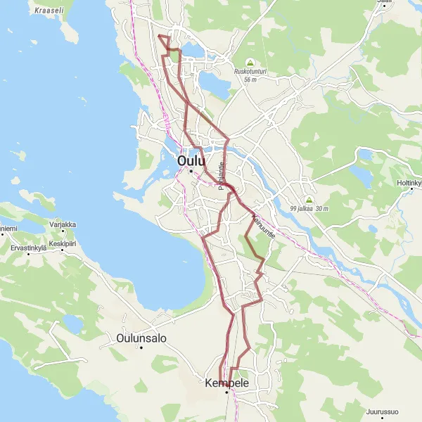 Map miniature of "Oulu Castle and Metsokangas Gravel Loop" cycling inspiration in Pohjois- ja Itä-Suomi, Finland. Generated by Tarmacs.app cycling route planner