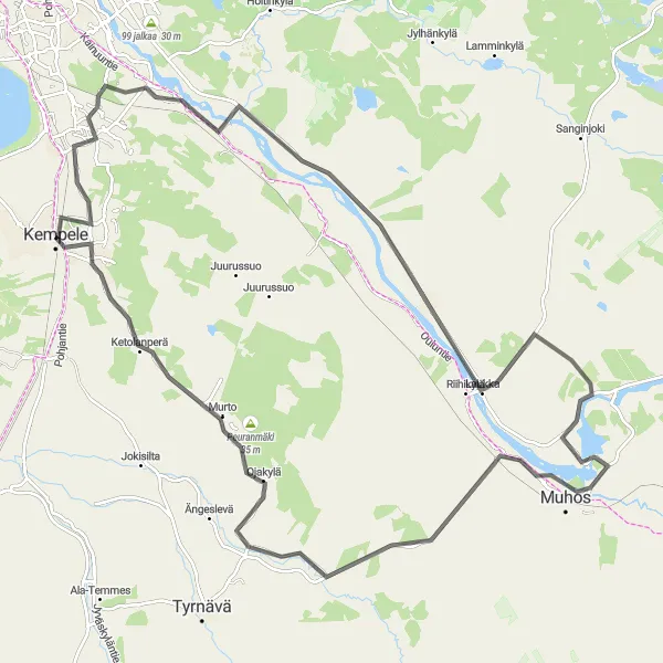 Map miniature of "Muhos Challenge" cycling inspiration in Pohjois- ja Itä-Suomi, Finland. Generated by Tarmacs.app cycling route planner