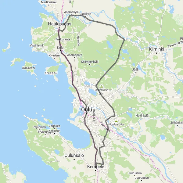 Map miniature of "Oulu and Hiukkavaara Road Loop" cycling inspiration in Pohjois- ja Itä-Suomi, Finland. Generated by Tarmacs.app cycling route planner