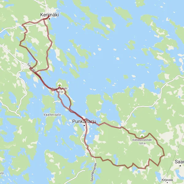 Map miniature of "Kerimäki to Kolmikannanmäki Gravel Route" cycling inspiration in Pohjois- ja Itä-Suomi, Finland. Generated by Tarmacs.app cycling route planner