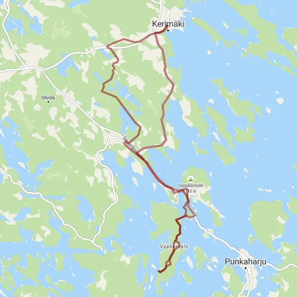 Map miniature of "Gravel Adventure in Kerimäki" cycling inspiration in Pohjois- ja Itä-Suomi, Finland. Generated by Tarmacs.app cycling route planner