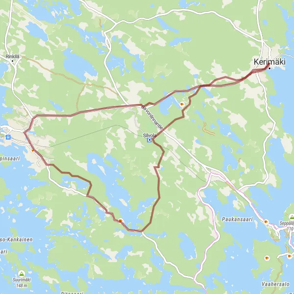 Karttaminiaatyyri "Kerimäki - Anttola pyöräilyreitti" pyöräilyinspiraatiosta alueella Pohjois- ja Itä-Suomi, Finland. Luotu Tarmacs.app pyöräilyreittisuunnittelijalla