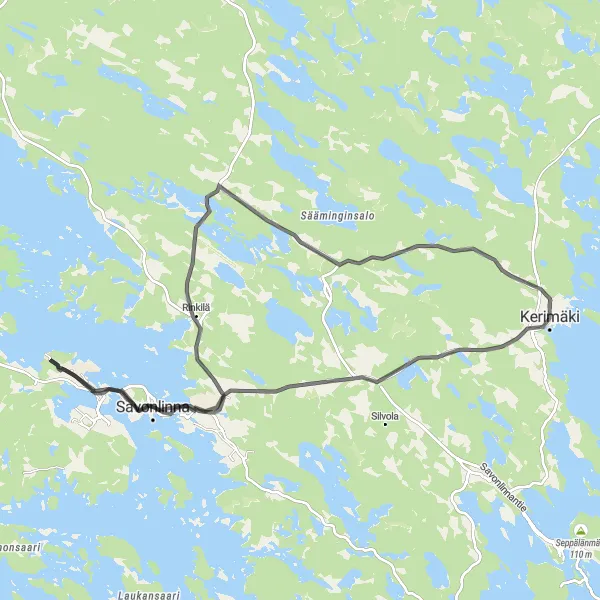 Map miniature of "Anttola to Olavinlinna Bike Adventure" cycling inspiration in Pohjois- ja Itä-Suomi, Finland. Generated by Tarmacs.app cycling route planner