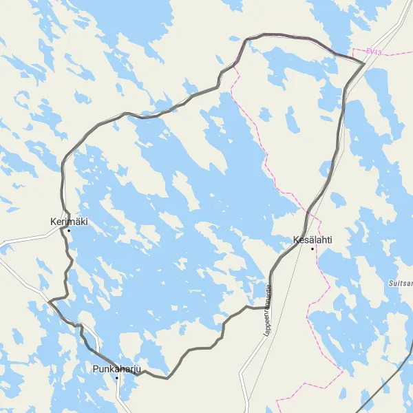 Map miniature of "Kerimäki to Seppälänmäki Loop" cycling inspiration in Pohjois- ja Itä-Suomi, Finland. Generated by Tarmacs.app cycling route planner