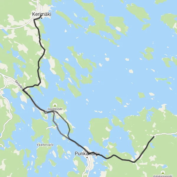 Map miniature of "Kerimäki to Punkaharju Loop" cycling inspiration in Pohjois- ja Itä-Suomi, Finland. Generated by Tarmacs.app cycling route planner