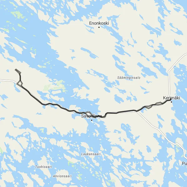 Map miniature of "Anttola-Savonlinna Loop" cycling inspiration in Pohjois- ja Itä-Suomi, Finland. Generated by Tarmacs.app cycling route planner