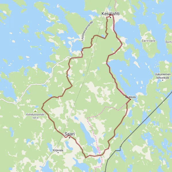 Map miniature of "Kesälahti and Niukkala Gravel Route" cycling inspiration in Pohjois- ja Itä-Suomi, Finland. Generated by Tarmacs.app cycling route planner