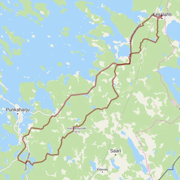Map miniature of "Kesälahti and Putikko Gravel Route" cycling inspiration in Pohjois- ja Itä-Suomi, Finland. Generated by Tarmacs.app cycling route planner