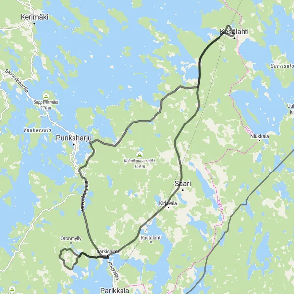 Map miniature of "Saari, Särkisalmi, and Suurvuoren kota Adventure" cycling inspiration in Pohjois- ja Itä-Suomi, Finland. Generated by Tarmacs.app cycling route planner