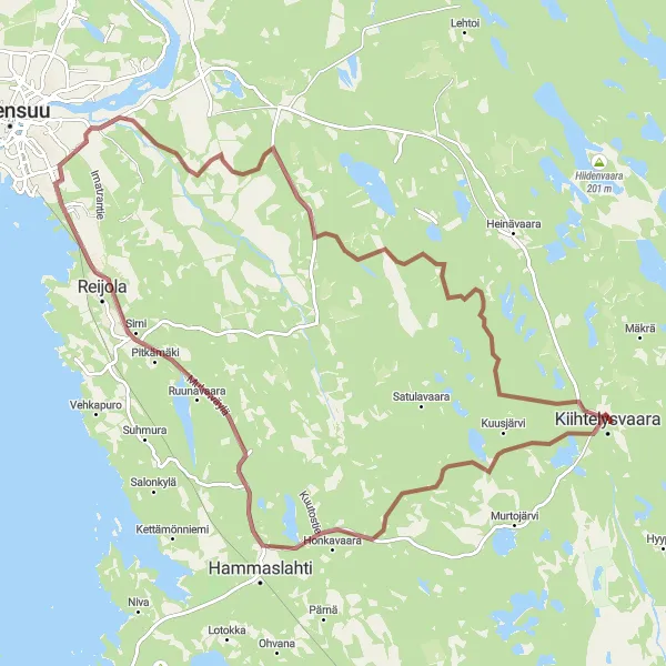 Map miniature of "Lakeside Gravel Loop" cycling inspiration in Pohjois- ja Itä-Suomi, Finland. Generated by Tarmacs.app cycling route planner