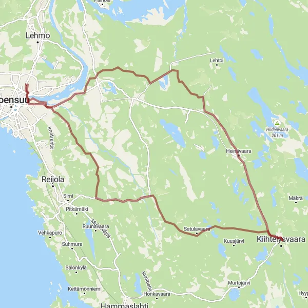 Map miniature of "Lake and Forest Gravel Adventure" cycling inspiration in Pohjois- ja Itä-Suomi, Finland. Generated by Tarmacs.app cycling route planner