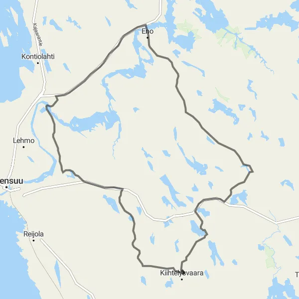 Karttaminiaatyyri "Kiihtelysvaara - Tervasuo - Jakokoski - Eno" pyöräilyinspiraatiosta alueella Pohjois- ja Itä-Suomi, Finland. Luotu Tarmacs.app pyöräilyreittisuunnittelijalla