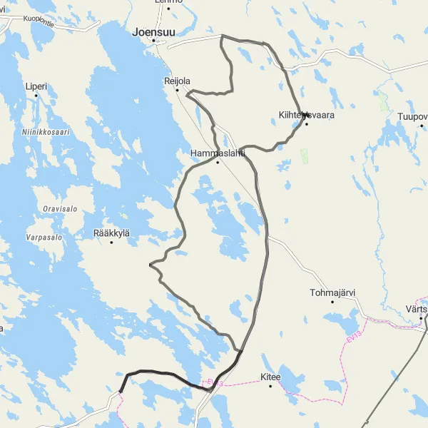 Karttaminiaatyyri "Tolosenmäki - Hammaslahti - Heinävaara 204 km" pyöräilyinspiraatiosta alueella Pohjois- ja Itä-Suomi, Finland. Luotu Tarmacs.app pyöräilyreittisuunnittelijalla