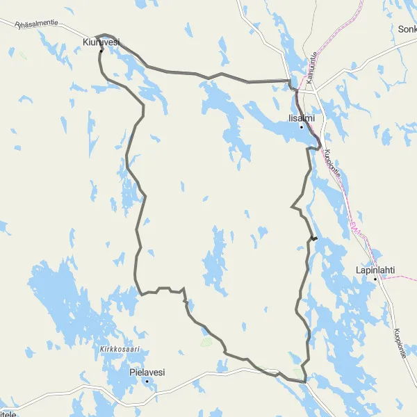 Map miniature of "Iisalmi - Hurissalo - Korkeakoski - Kiuruvesi" cycling inspiration in Pohjois- ja Itä-Suomi, Finland. Generated by Tarmacs.app cycling route planner
