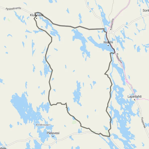 Map miniature of "Iisalmi - Hurissalo - Tuovilanlahti - Kiuruvesi" cycling inspiration in Pohjois- ja Itä-Suomi, Finland. Generated by Tarmacs.app cycling route planner