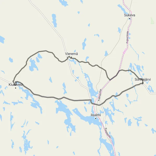 Map miniature of "Kiuruvesi - Sonkajärvi - Pihlajaharju" cycling inspiration in Pohjois- ja Itä-Suomi, Finland. Generated by Tarmacs.app cycling route planner