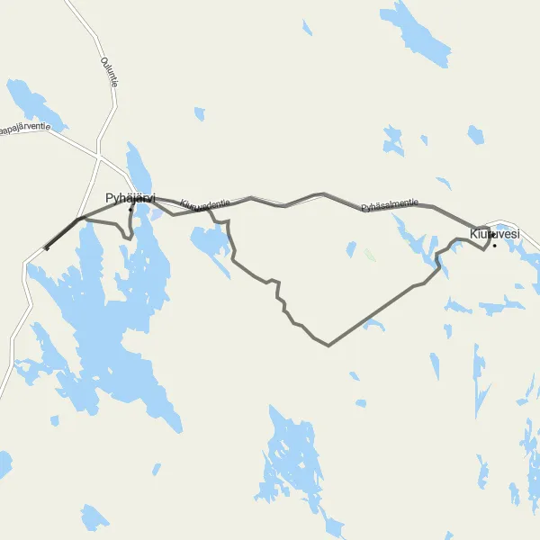 Map miniature of "Kiuruvesi - Pyhäjärvi - Honkavuoren näköalatorni" cycling inspiration in Pohjois- ja Itä-Suomi, Finland. Generated by Tarmacs.app cycling route planner