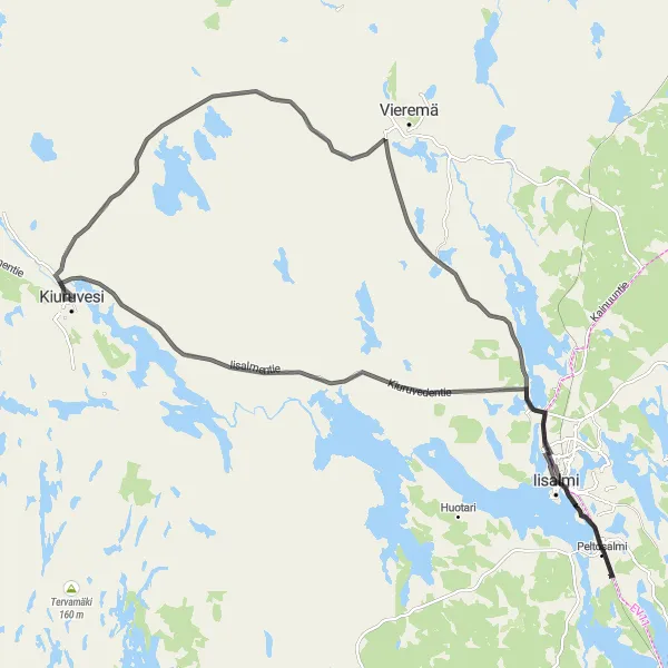 Map miniature of "Kiuruvesi - Peltosalmi - Pihlajaharju Loop" cycling inspiration in Pohjois- ja Itä-Suomi, Finland. Generated by Tarmacs.app cycling route planner