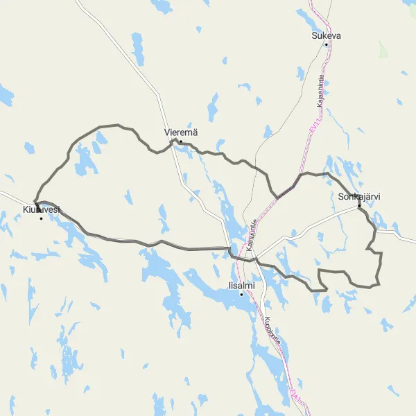 Map miniature of "Kiuruvesi - Sonkajärvi - Niskajärvi laavu - Pihlajaharju Loop" cycling inspiration in Pohjois- ja Itä-Suomi, Finland. Generated by Tarmacs.app cycling route planner