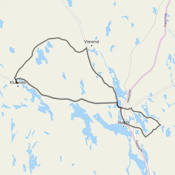 Map miniature of "Kiuruvesi - Pihlajaharju - Kihmula Loop" cycling inspiration in Pohjois- ja Itä-Suomi, Finland. Generated by Tarmacs.app cycling route planner