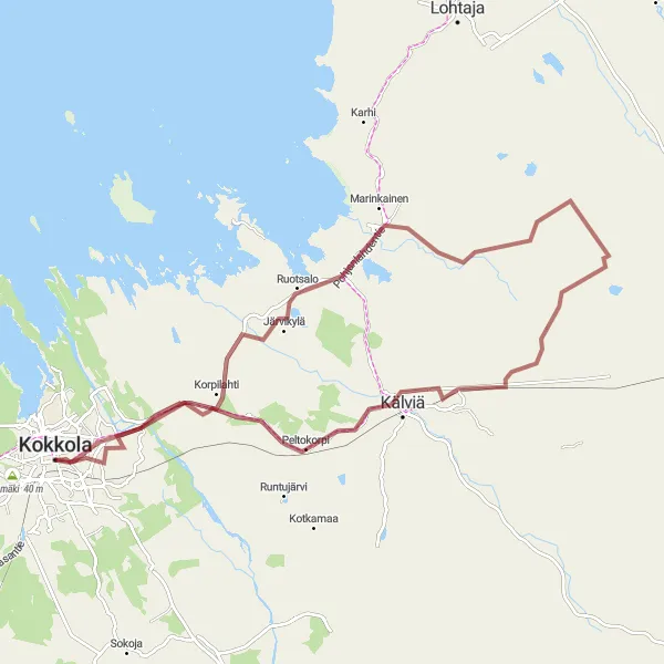 Map miniature of "Kokkola - Lappilanmäki Gravel Loop" cycling inspiration in Pohjois- ja Itä-Suomi, Finland. Generated by Tarmacs.app cycling route planner