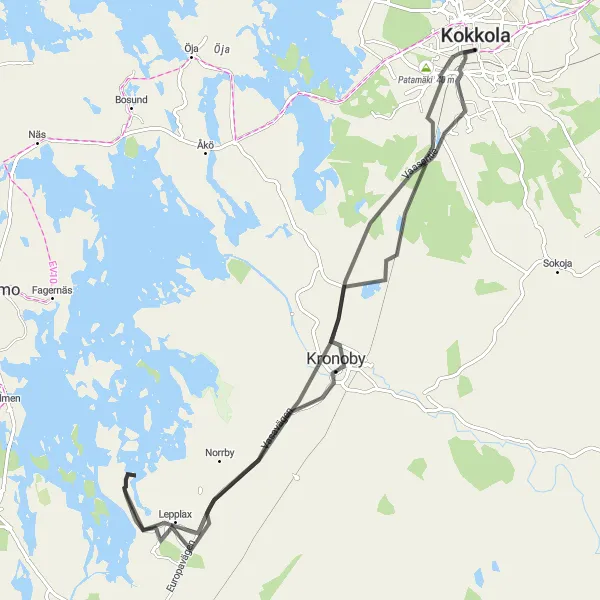 Map miniature of "Kokkola to Mäntykangas" cycling inspiration in Pohjois- ja Itä-Suomi, Finland. Generated by Tarmacs.app cycling route planner
